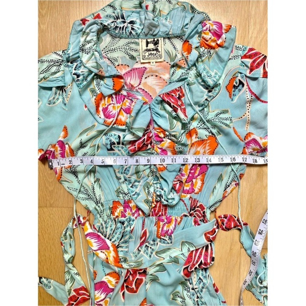 Jaase Boho Aqua Light Blue Floral Dress Ruffle Flowy Tassel Smocked Medium - Picture 7 of 16